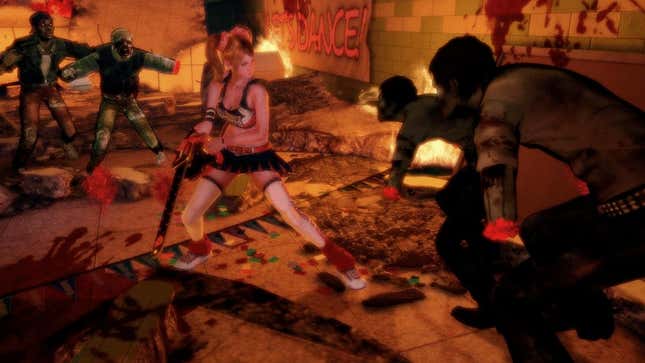 Juliet faces off with zombies in a burning high school building.