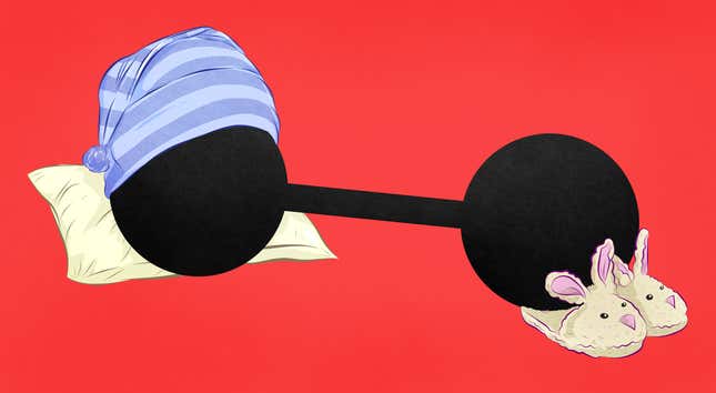 Illustration of barbell in bed with a pillow and fuzzy slippers