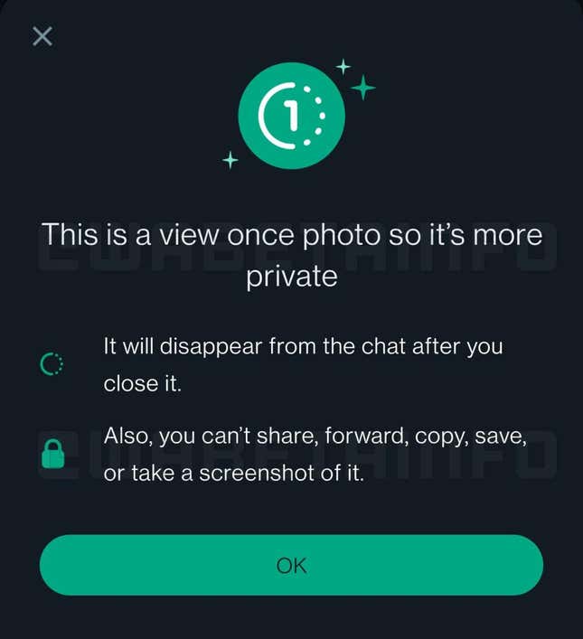 Imagen para el artículo titulado WhatsApp bloqueará las capturas de pantalla de las fotos que solo se pueden ver una vez