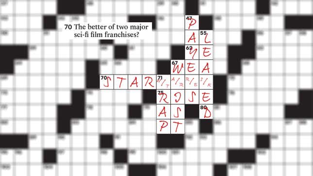A screenshot from the NY Times crossword section depicting the Star Trek/Star Wars puzzle.