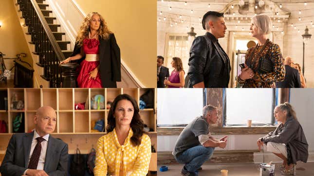 Clockwise from upper left: Sarah Jessica Parker; Sara Ramirez and Cynthia Nixon; David Eigenberg and Sarah Jessica Parker; Evan Handler and Kristin Davis star in And Just Like That… (All photos: Craig Blankenhorn/HBO Max)