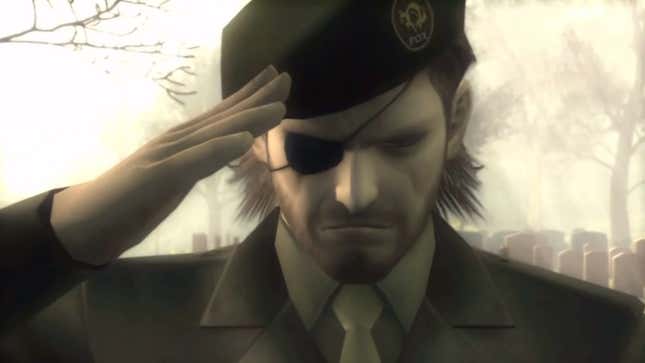 A Metal Gear Solid 3 screenshot shows Big Boss saluting. 