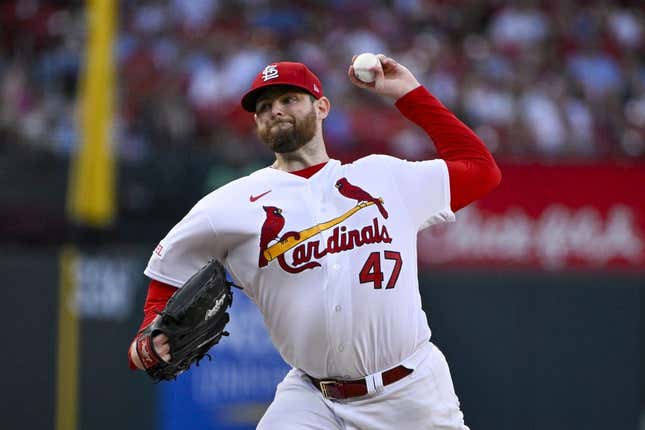 Jul 18, 2023; St. Louis, Missouri, USA;  St. Louis Cardinals starting pitcher Jordan Montgomery (47) pitches against the Miami Marlins during the second inning at Busch Stadium.