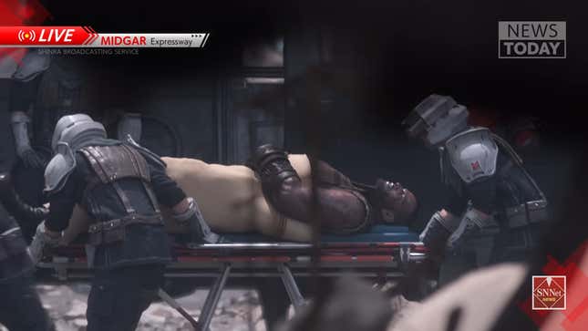 A screenshot shows Barret on a stretcher. 