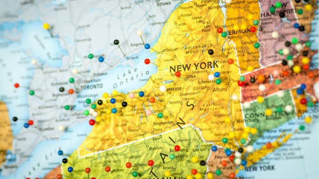 A map of the northeastern US with colored pins stuck in various locations