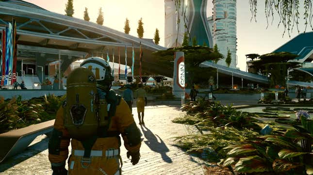 An astronaut walks through a futuristic city.