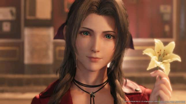 Aerith is shown holding a yellow flower.