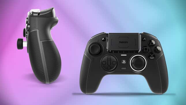An image shows the black Nacon Revolution 5 Pro controller against a pink-and-blue background.