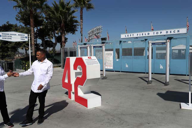 Retired numbers of Dodgers greats are all around the stadium, including the number 42 of Jackie Robinson.