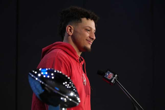 Feb 13, 2023; Phoenix, AZ, USA; Kansas City Chiefs quarterback Patrick Mahomes speaks flanked by Vince Lombardi Trophy during the Super Bowl 57 Winning Team Head Coach and MVP press conference at the Phoenix Convention Center.