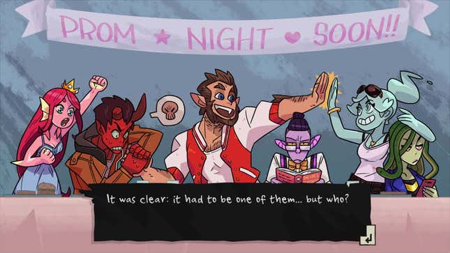 Different monsters in Monster Prom sitting at a pink table under a white banner that says "Prom Night Soon!" in pink letters.