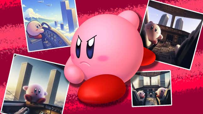 An image shows an angry Kirby in front of AI-generated images of Kirby flying a plane in New York City. 