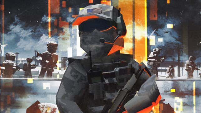 An image shows a blocky, low-poly soldier in camo holding an assault rifle.