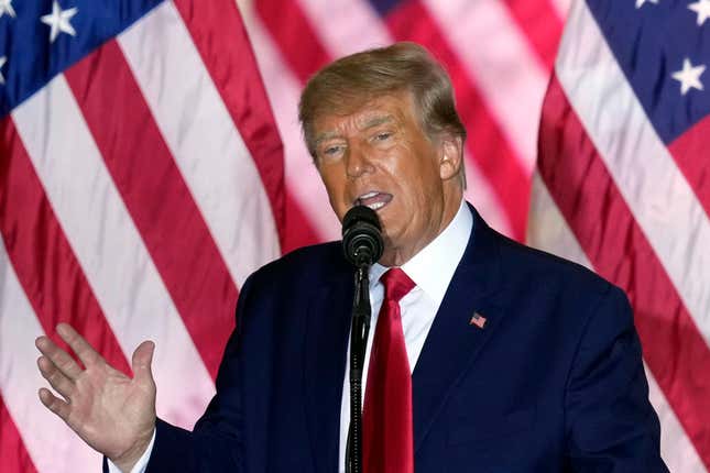 Former President Donald Trump announces a third run for president as he speaks at Mar-a-Lago in Palm Beach, Fla., Nov. 15, 2022. Jurors in the Trump Organization’s criminal tax fraud convicted the company on Tuesday, Dec. 6, on charges that it helped executives dodge personal income taxes on perks such as Manhattan apartments and luxury cars. 
