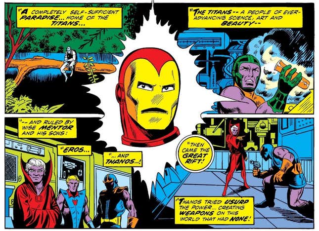 Drax the Destroyer filling Iron Man in on Thanos' backstory.
