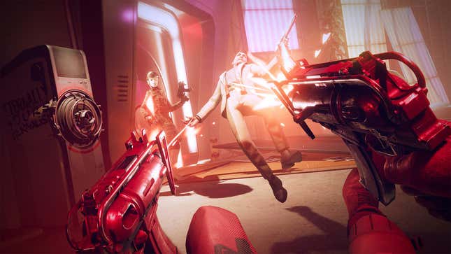 Dual pistols take out an enemy in Deathloop.