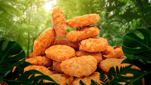 Stack of plant-based "chicken" nuggets with a green forest background