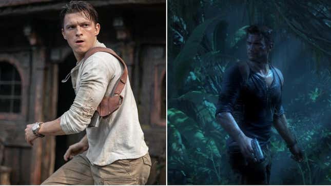 Left: Tom Holland in Uncharted (Photo: Clay Enos/Sony), Right: Nathan Drake in Uncharted 4: A Thief’s End (Screenshot: YouTube)