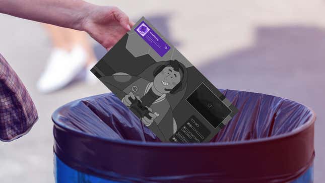 A person throws a picture of a Twitch streamer into a trash can.