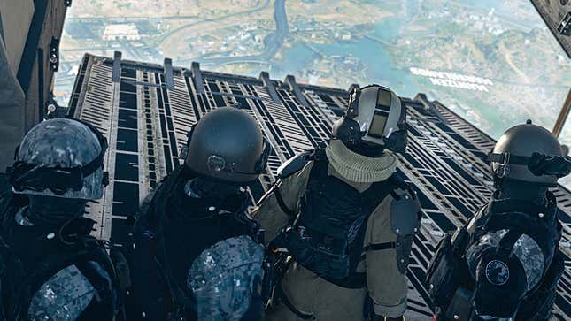 Soldiers prepare to jump off a Warzone 2.0 aircraft.
