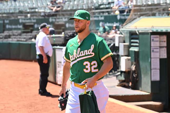 May 13, 2023; Oakland, California, USA; Oakland Athletics starting pitcher James Kaprielian (32) walks on the field before the game against the Texas Rangers at Oakland-Alameda County Coliseum.