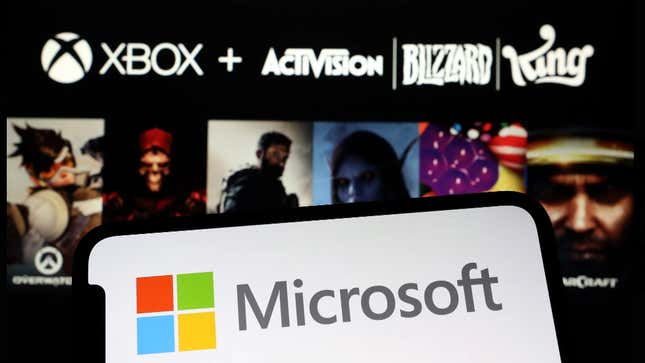 An image shows a Microsoft logo over top of Activision Blizzard brands. 