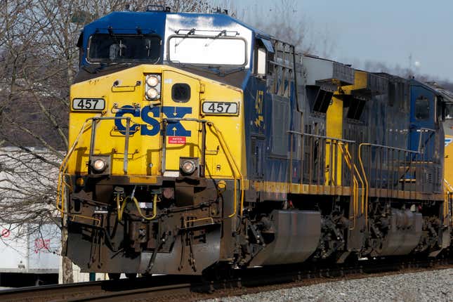 File - A CSX freight train passes through Homestead, Pa., Monday, Feb. 12, 2018. A Trump-era rule allowing railroads to haul highly flammable liquefied natural gas will now be formally put on hold to allow more time to study the safety concerns related to transporting that fuel and other substances like hydrogen that must be kept at extremely low temperatures when they are shipped, regulators announced Thursday, Aug. 31, 2023. (AP Photo/Gene J. Puskar, File)
