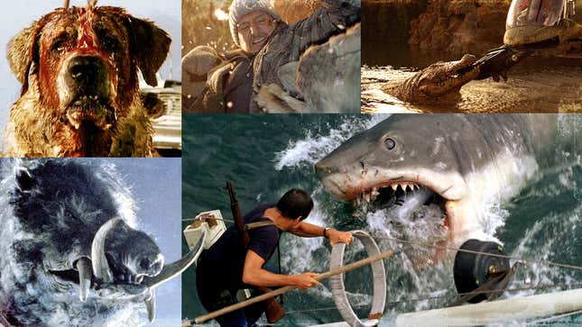 Clockwork from bottom left: Razorback (Warner Bros.),  Cujo (Warner Bros.), The Grey (Open Road Films), Lake Placid (20th Century Fox), Jaws (Universal)