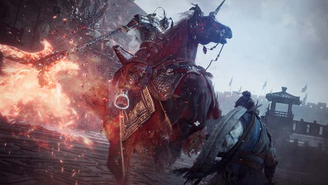 A Wo Long: Fallen Dynasty image showing the player character fending against famed soldier Lu Bu.