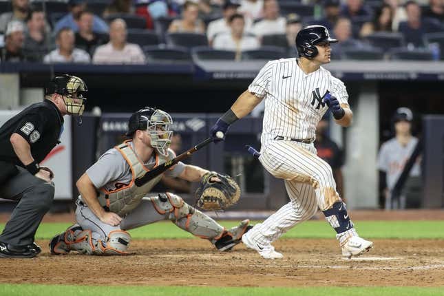 Sep 5, 2023; Bronx, New York, USA;  New York Yankees center fielder Jasson Dominguez (89) hits a double in the eighth inning against the Detroit Tigers at Yankee Stadium.
