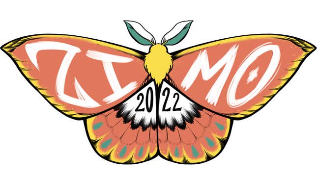 An orange and yellow moth with 'ZIMO' and '2022' spread across its wings.