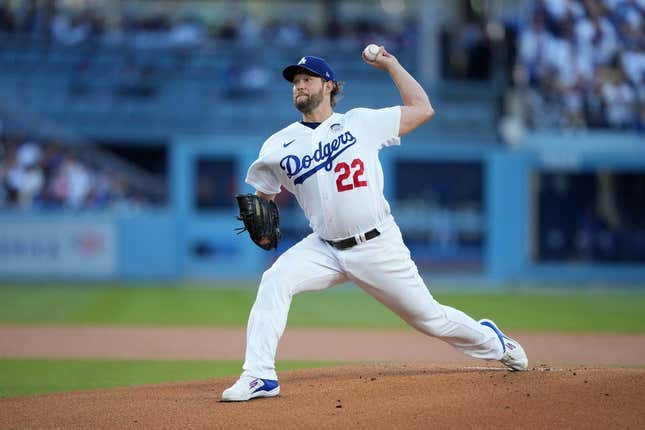 Jun 2, 2023; Los Angeles, California, USA; Los Angeles Dodgers starting pitcher Clayton Kershaw (22) throws in the first inning against the New York Yankees at Dodger Stadium.