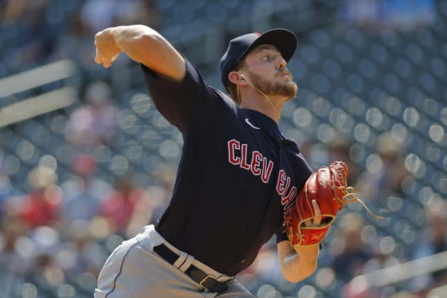 Aug 30, 2023; Minneapolis, Minnesota, USA; Cleveland Guardians starting pitcher Tanner Bibee (61) throws to the Minnesota Twins in the second inning at Target Field.