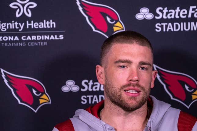 Arizona Cardinals&#39; Zach Ertz speaks during a news conference at the Dignity Health Arizona Cardinals Training Center in Tempe on April 11, 2023.