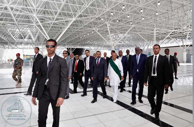 Prime minister Abiy Ahmed, Ethiopian Airlines CEO Tewolde GebreMariam (in white) and African Union head Moussa Faki Mahamat at the new terminal