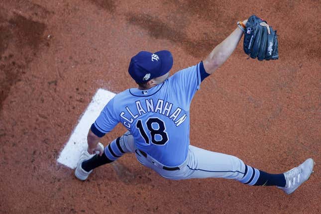 Jun 30, 2023; Seattle, Washington, USA; Tampa Bay Rays starting pitcher Shane McClanahan (18) warms up in the bullpen before a game against the Seattle Mariners at T-Mobile Park.