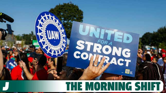 United Auto Workers members and others gather for a rally after marching in the Detroit Labor Day Parade on September 4, 2023 in Detroit, Michigan. 