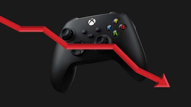 An Xbox controller with a downward red arrow over it.