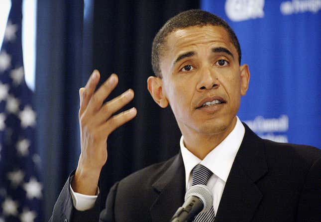 Democratic candidate for U.S. Senate, Barack Obama, gestures as he speaks to members of the Chicago Council on Foreign Relations July 12, 2004 in Chicago, Illinois.