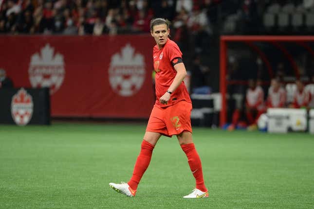 Apr 8, 2022; Vancouver, BC, Canada;  Women&#39;s Canadian National forward Christine Sinclair (12) awaits the start of play against the Women&#39;s Nigeria National team during the first half at BC Place.