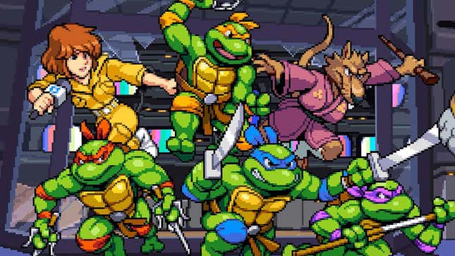 The Teenage Mutant Ninja Turtles along with Splinter and April leap out of a window together. 