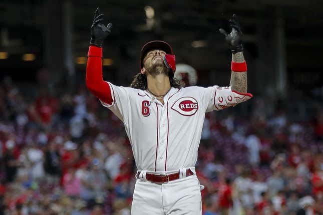 Jul 17, 2023; Cincinnati, Ohio, USA; Cincinnati Reds second baseman Jonathan India (6) reacts after hitting a solo home run in the seventh inning against the San Francisco Giants at Great American Ball Park.
