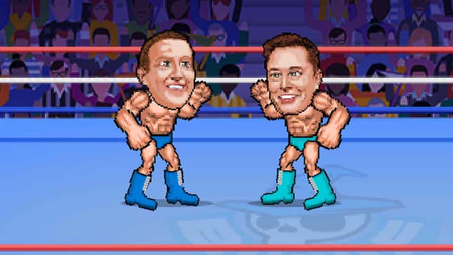 A screenshot shows pixel art versions of Elon and Mark fighting each other in a ring. 