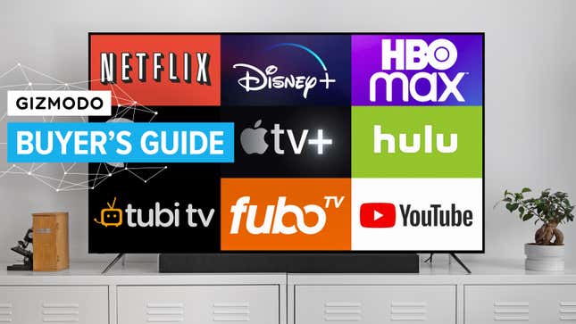 A television with numerous streaming services names including Netflix Disney+ Apple TV+