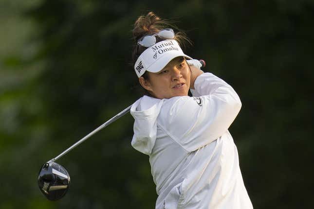 Aug 25, 2023; Vancouver, British Columbia, CAN; Megan Khang tees off on the fourth hole during the second round of the CPKC Women&#39;s Open golf tournament at Shaughnessy Golf &amp;amp; Country Club.