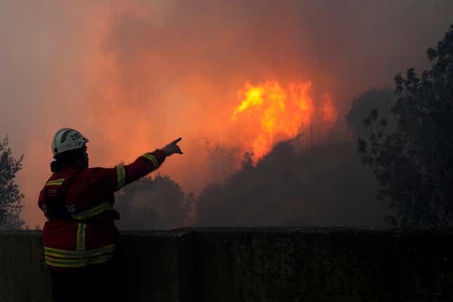 A firefighter points out as wildfire advances burning the forest in Alcabideche, outside Lisbon on July 25, 2023.