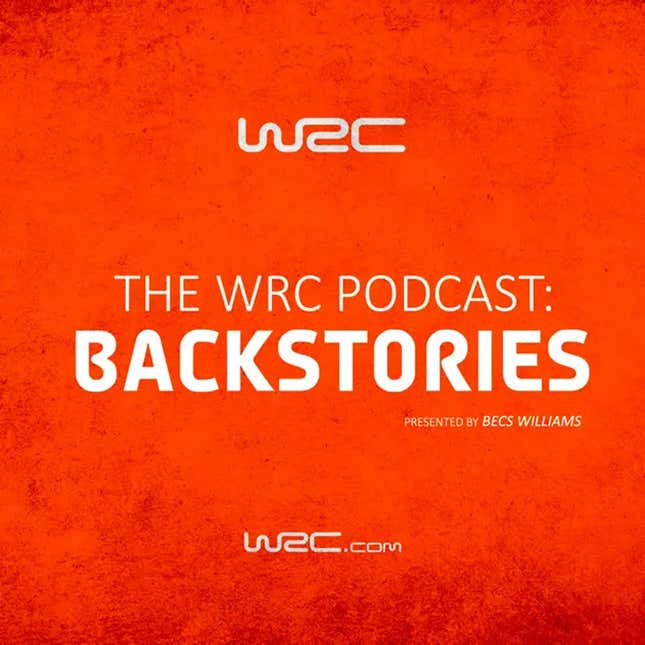 The orange and white cover for the WRC Backstories podcast. 