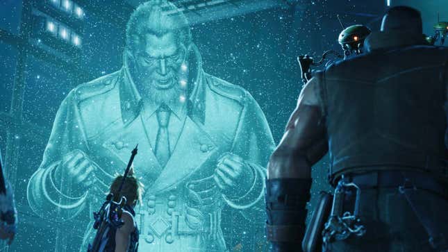 A large holographic man towers of the characters from Final Fantasy 7 Remake. 