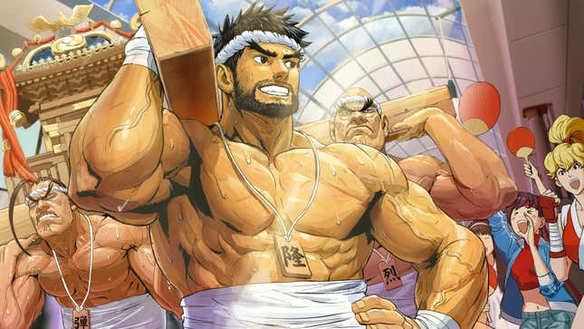 A smiling, shirtless Ryu easily help carry a heavy load.