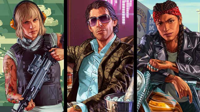 A collage shows three different characters from GTA Online.